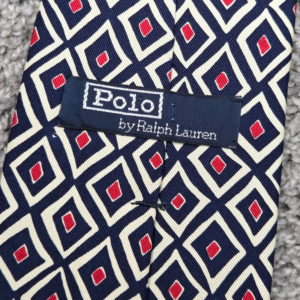 Polo Ralph Lauren Navy Blue Silk Tie Argyle Diamond Pattern USA‎ Made